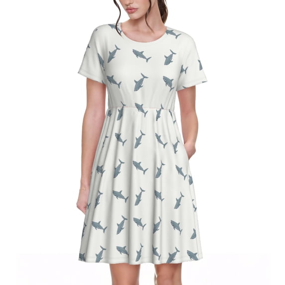 Wukai Party Shark Cute Print Women’s Short Sleeve Dress, Comfortable Casual Dress, Soft Polyester Spandex Blend, Stylish Everyday Wear for Summer
