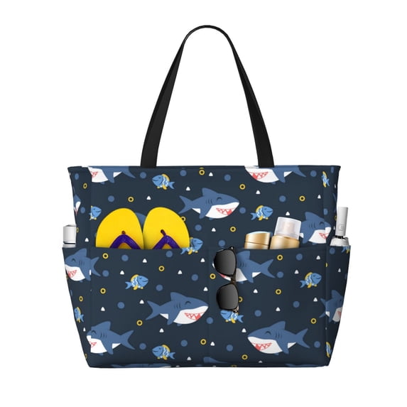 Wukai Party Shark Cute Print Zipper Bag,large Beach Tote Bag,Waterproof Sandproof Bag,Grocery and Picnic Tote Travel Bag
