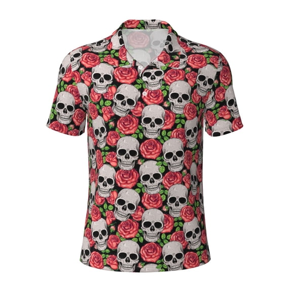 Vsdgher Skull and Roses Print Men's Short Sleeve Stretch Polo Shirt, Moisture-Wicking Performance Polo Shirt
