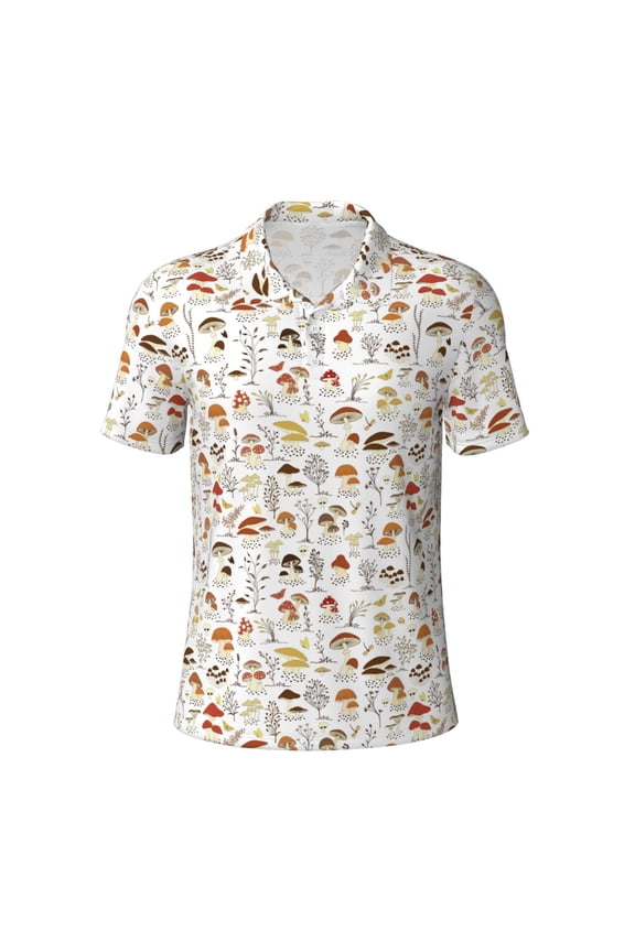 Vsdgher Mushrooms And Butterflies Print Men's Short Sleeve Stretch Polo Shirt, Moisture-Wicking Performance Polo Shirt