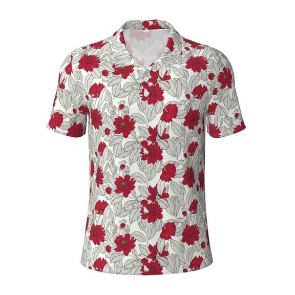 Vsdgher Leaves And Anemone Flowers In Red Grey Print Men's Short Sleeve Stretch Polo Shirt, Moisture-Wicking Performance Polo Shirt