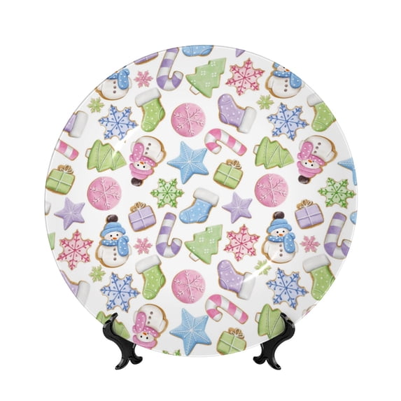 Wukai Pastel Christmas Cookies Print Decorative Plate for Display,Bone China Decorative Plate, Ceramic Dinner Plate with Stand, Vertical Ceramic Plate-7in