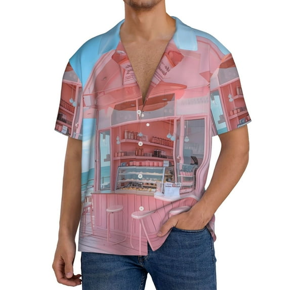 Wukai Pastel Pink Beach Cafe Men's Casual Short-Sleeve Button Down Shirt,Cuban Shirts for Men,Mens Short Sleeve Dress Shirts-4X-Large