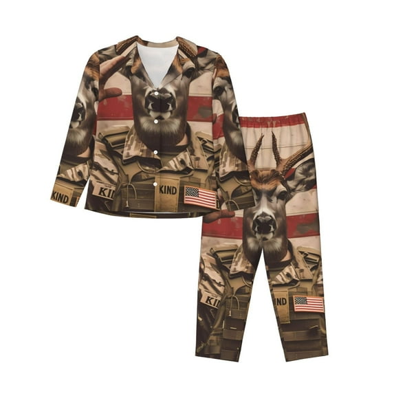 Wukai Patriotic Deer Soldier Salute Print Women's Pajama Set,PJ Set,Lounge Sets For Women Soft Long Sleeve Sleepwear Comfort and Style-X-Large