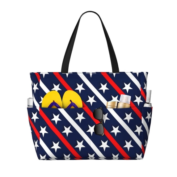 Wukai Patriotic Star Print Zipper Bag,large Beach Tote Bag,Waterproof Sandproof Bag,Grocery and Picnic Tote Travel Bag