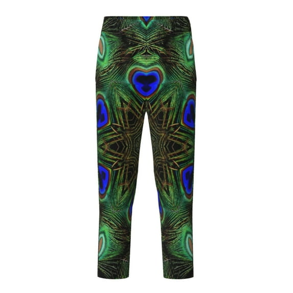 Wukai Peacock Feathers Print Teenagers' Pajama Pant Sleep Pajama Lounge Pant PJ Bottoms with Pockets and Button Fly(Available in Big & Tall)-Large