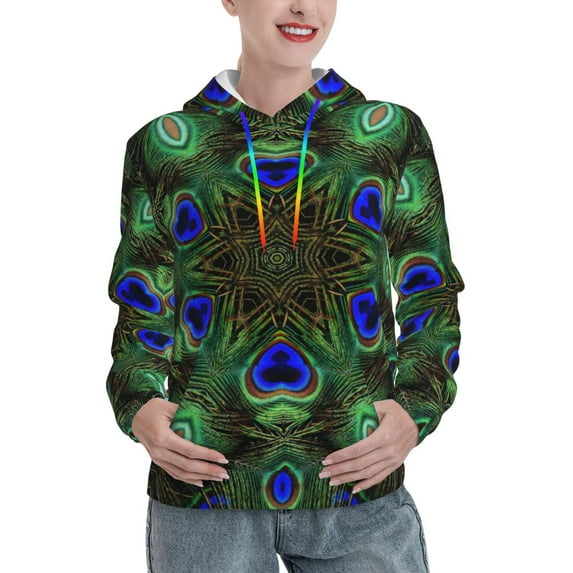 Wukai Peacock Feathers Print Womens Hoodies Fleece Sweatshirts Long Sleeve Sweaters Pullover Fall Outfits Winter Clothes-X-Large