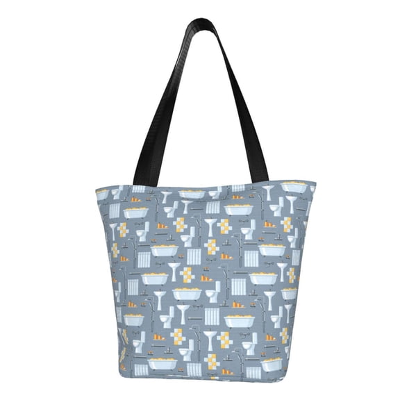 Vsdgher Blue Bathroom print Reusable Shopping Grocery Bags for Women Shopping with Pouch Foldable Pouch Lightweight Polyester Fabric