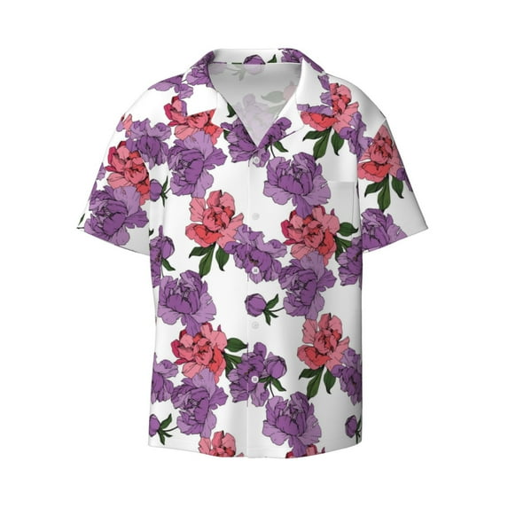 Wukai Peonies Men's Casual Short-Sleeve Button Down Shirt - Lightweight Summer Dress Shirt for Daily Wear-3X-Large