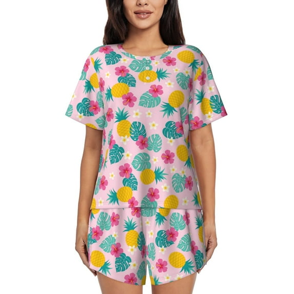 "Wukai Pineapple And Leaves Women's Pajama Set - Short-Sleeve Top and Shorts with Elastic Waistband and Pockets for Loungewear, Yoga, and Casual Wear-Large