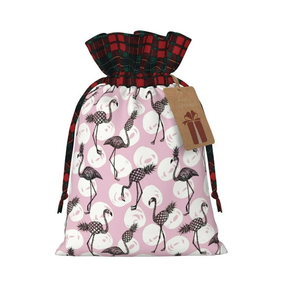 Wukai Pineapple Flamingo Print Christmas Burlap Bags,Drawstring Christmas Burlap Goody Gift Candy Bags Xmas Burlap Treat Bags for Candy Wrapper Xmas Party Favors-Black