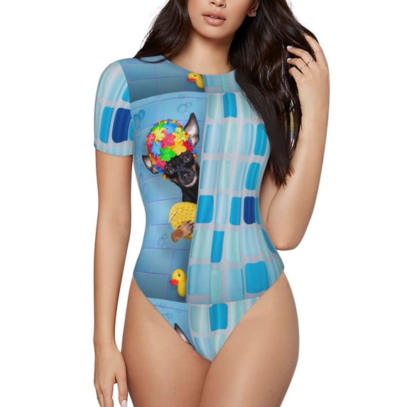 Naloa Prague Ratter Dog in Bathtub Women's Short-Sleeved Onesie, One-Piece Swimsuit for Parties, dates, clubs - XX-Large