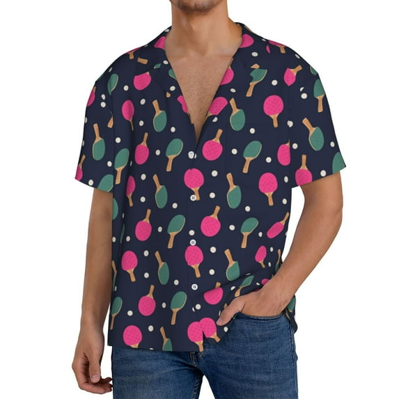 Wukai Ping Pong Rackets And Balls Men's Casual Short-Sleeve Button Down Shirt,Cuban Shirts for Men,Mens Short Sleeve Dress Shirts-Small