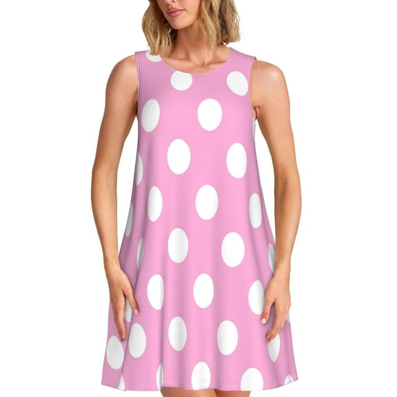 Wukai Pink And White Polka Dot Print Women's Sleeveless Dress, Loose Fit Casual Dress for Women, Comfortable Sleeveless Summer Dress