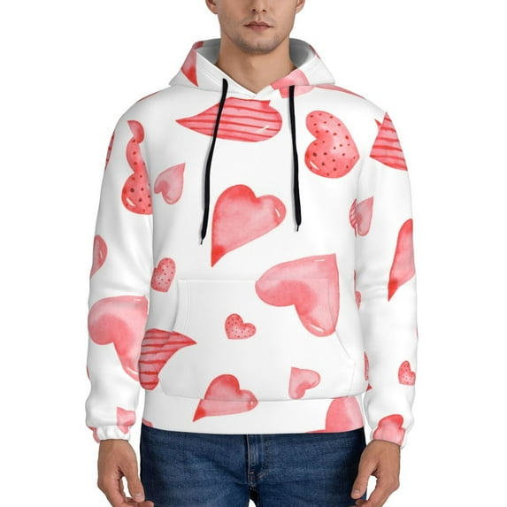 Wukai Pink Hearts Print Men Hoodies Fleece Sweatshirts Long Sleeve Sweaters Pullover Fall Outfits Winter Clothes-Medium