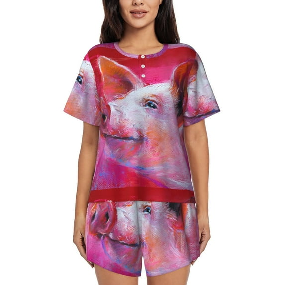 Wukai Pink Pig Print Women's Pajama Set - Short-Sleeve Top and Shorts with Elastic Waistband and Pockets for Loungewear, Yoga, and Casual Wear-Large