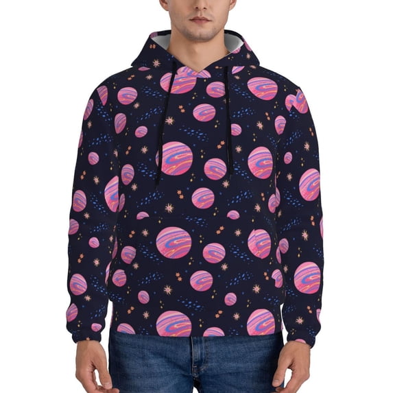 Wukai Pink Planets And Stars Print Men Hoodies Fleece Sweatshirts Long Sleeve Sweaters Pullover Fall Outfits Winter Clothes-4X-Large