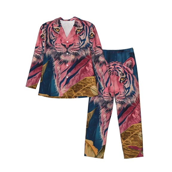 Wukai Pink Tiger Gold Leaves Men's Long-Sleeve Pajama Set - Comfortable Sleepwear with Button-Down Shirt and Pants-Large
