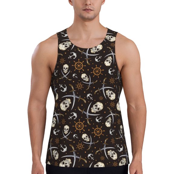 Wukai Pirate Skulls Print Men’s Workout Tank Top Sleeveless Muscle T shirt Gym Running Fitness Tank Top-3X-Large