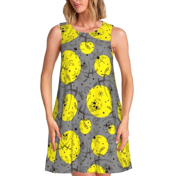 Wukai Pirate Skulls Print Women's Sleeveless Dress, Loose Fit Casual Dress for Women, Comfortable Sleeveless Summer Dress