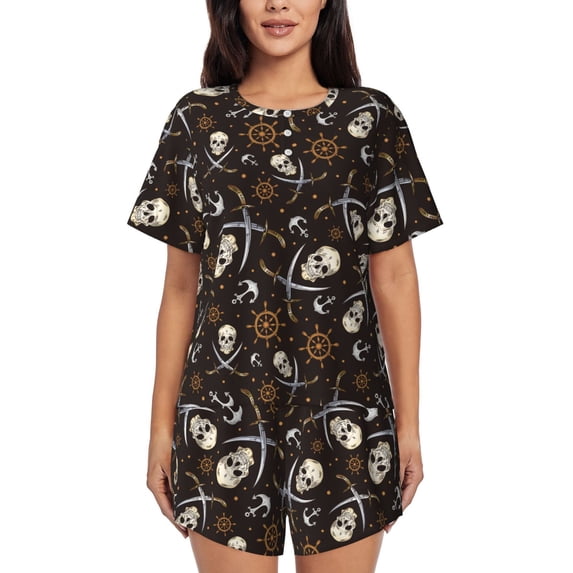 Wukai Pirate Skulls Print Women's Pajama Set - Short-Sleeve Top and Shorts with Elastic Waistband and Pockets for Loungewear, Yoga, and Casual Wear-Medium