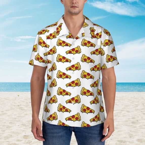 Wukai Pizza Men's Hawaiian Shirt Short Sleeve Casual Button Down Summer Beach Aloha Shirt Tropical Print Holiday Party