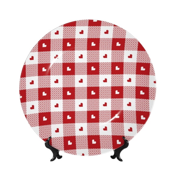 Wukai Plaid Heart Print Decorative Plate for Display,Bone China Decorative Plate, Ceramic Dinner Plate with Stand, Vertical Ceramic Plate-6in
