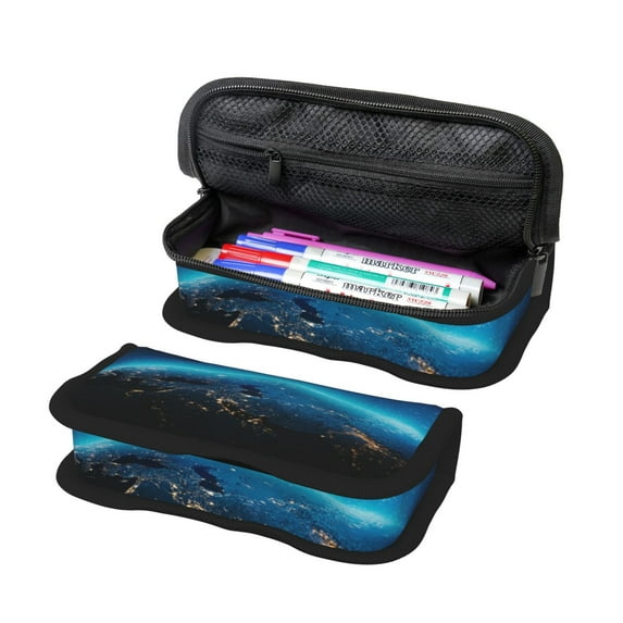 Wukai Planet Earth Print Big Capacity Pencil Case, Upgraded Canvas Pencil Pouch Large Pencil Bag Organizer,Aesthetic Supply