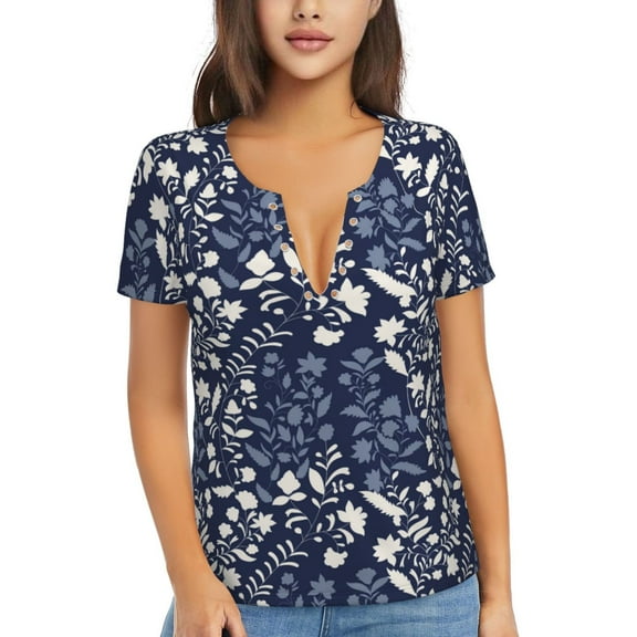 Wukai Plant Casual V-Neck Graphic Tees for Women: Lightweight and Breathable Summer Tops with Stylish Design-Small