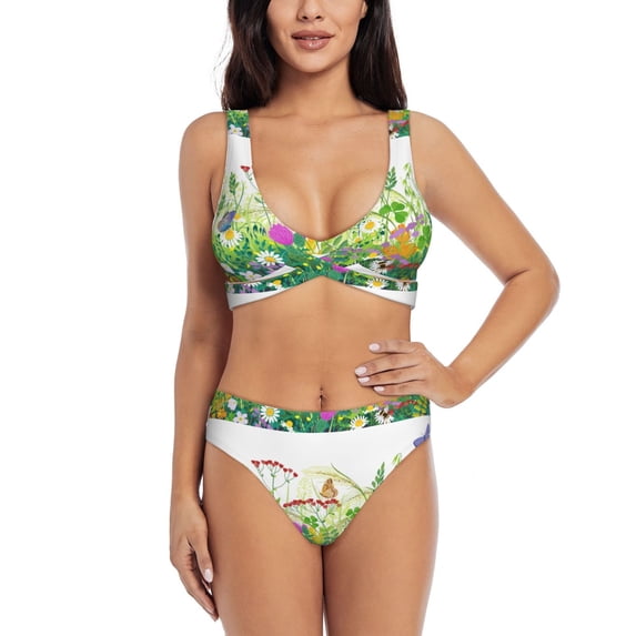 Wukai Plants and Insects Women's Bikini Set Two Piece,wimsuit High Waisted V Neck Twist Front Adjustable Spaghetti Straps Bathing Suit-