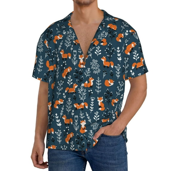Wukai Playful Foxes Forest Blues Men's Casual Short-Sleeve Button Down Shirt,Cuban Shirts for Men,Mens Short Sleeve Dress Shirts-Small