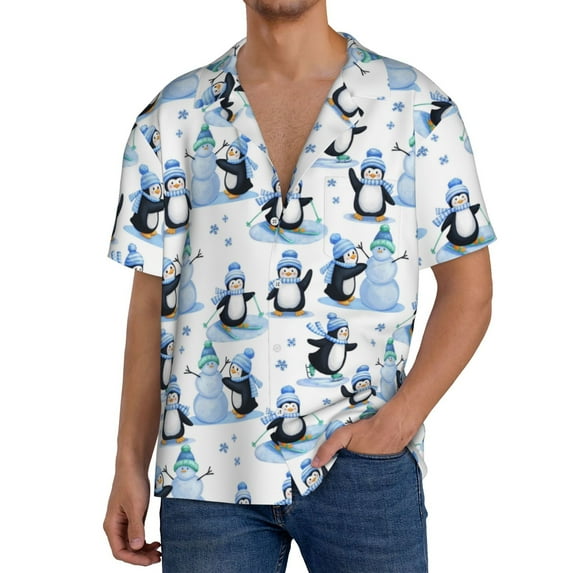 Wukai Playful Penguins and Snowmen Men's Casual Short-Sleeve Button Down Shirt,Cuban Shirts for Men,Mens Short Sleeve Dress Shirts-XX-Large