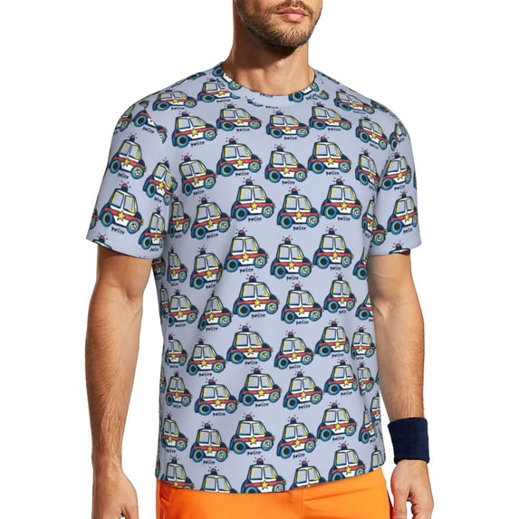 Wukai Police Car Print Men's Short-Sleeved Mesh T-Shirt,Quick-Dry Short Sleeve Workout T-Shirt-Small