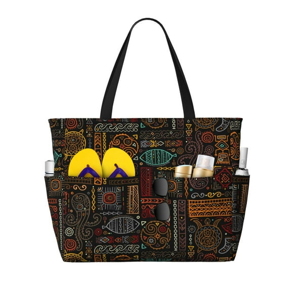 Wukai Polynesian Turtles Print Zipper Bag,large Beach Tote Bag,Waterproof Sandproof Bag,Grocery and Picnic Tote Travel Bag