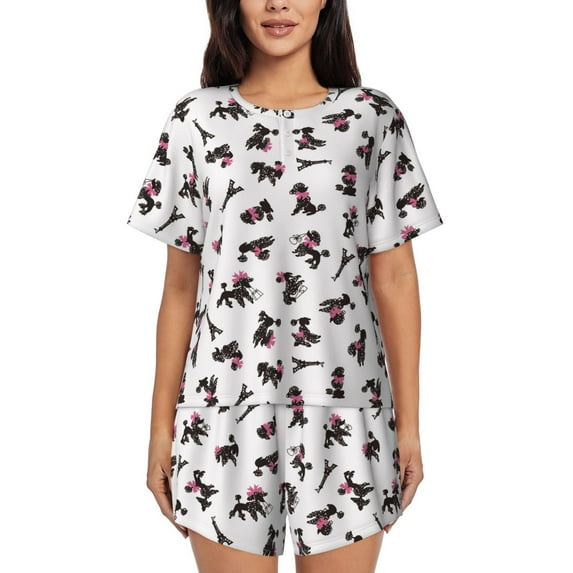 Wukai Poodle Dog Women's Pajama Set,Short-Sleeve Top and Shorts with Elastic Waistband and Pockets for Loungewear, Yoga, and Casual Wear-XX-Large