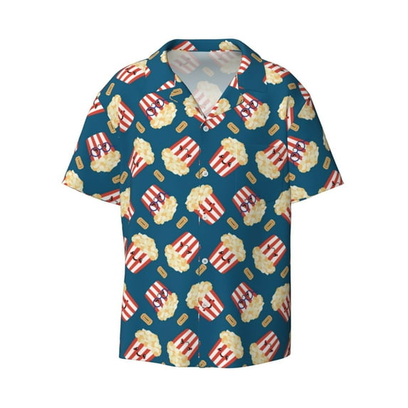 Wukai Popcorn With Glasses Men's Casual Short-Sleeve Button Down Shirt - Lightweight Summer Dress Shirt for Daily Wear-Medium
