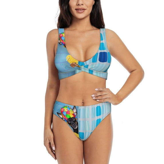 Wukai Prague Ratter Dog in Bathtub Women's Bikini Set Two Piece,wimsuit High Waisted V Neck Twist Front Adjustable Spaghetti Straps Bathing Suit-Large