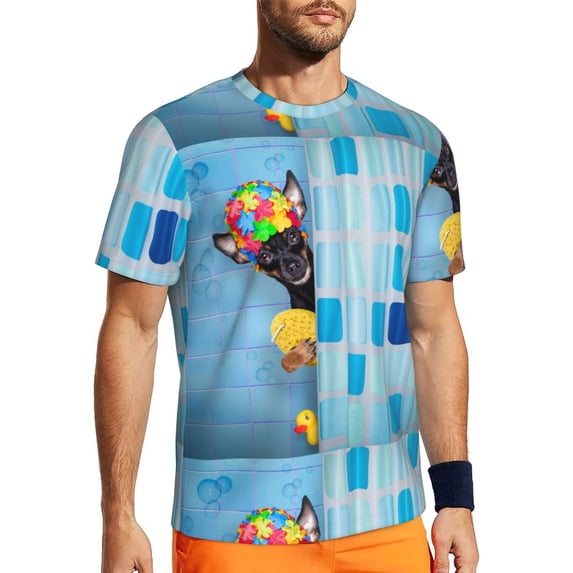 Wukai Prague Ratter Dog in Bathtub Print Men's Short-Sleeved Mesh T-Shirt,Quick-Dry Short Sleeve Workout T-Shirt-3X-Large