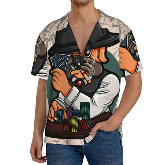 Wukai Pug Dog Men's Casual Short-Sleeve Button Down Shirt,Cuban Shirts for Men,Mens Short Sleeve Dress Shirts-Medium