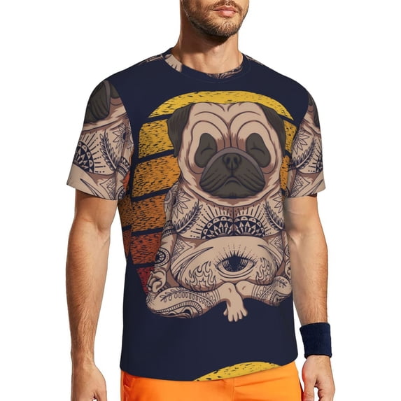 Wukai Pug dog Yoga Print Men's Short-Sleeved Mesh T-Shirt,Quick-Dry Short Sleeve Workout T-Shirt-Small