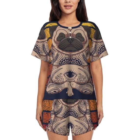Wukai Pug dog Yoga Print Women's Pajama Set - Short-Sleeve Top and Shorts with Elastic Waistband and Pockets for Loungewear, Yoga, and Casual Wear-XX-Large