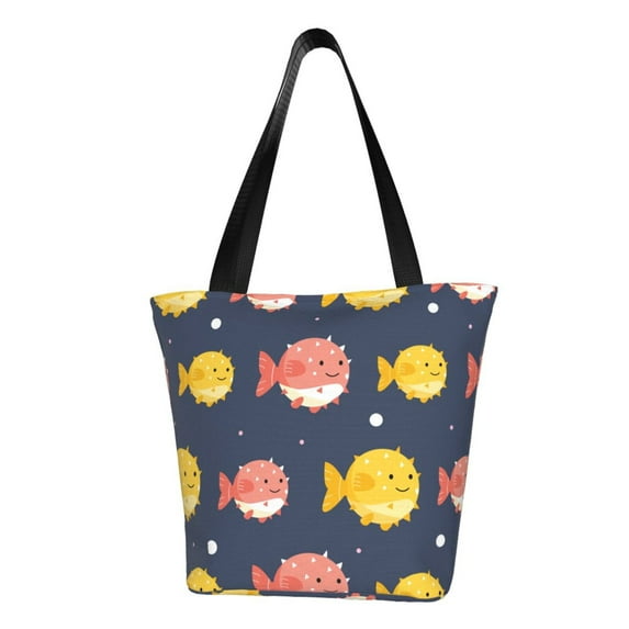 Vsdgher Cute Puffer Fish print Reusable Shopping Grocery Bags for Women Shopping with Pouch Foldable Pouch Lightweight Polyester Fabric