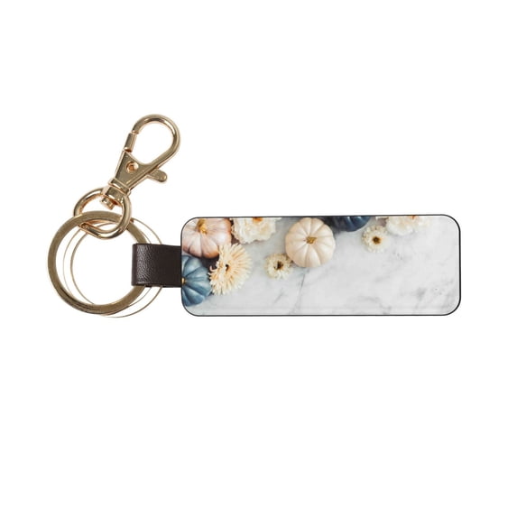 Wukai Pumpkin And White Marble Print Leather Car Keychain, Universal Key Fob Keychain, Leather Key Chain Holder for Men and Women,360 Degree Rotatable