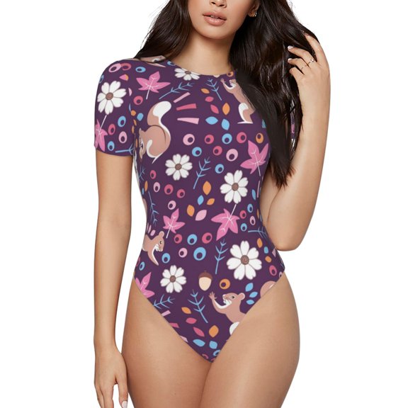 Naloa Cute Squirrel Floral Women's Short-Sleeved Onesie, One-Piece Swimsuit for Parties, dates, clubs - Small