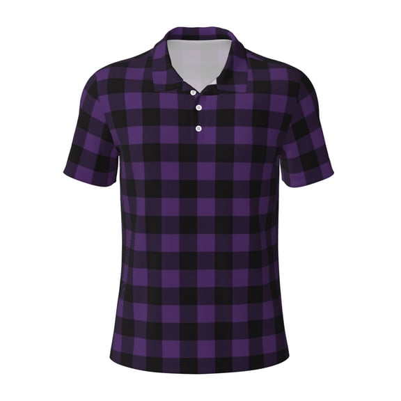 Wukai Purple Black Plaid Men’s Polo Shirts,Quick-Dry Athletic Shirt,Classic Fit Shirts-XX-Large