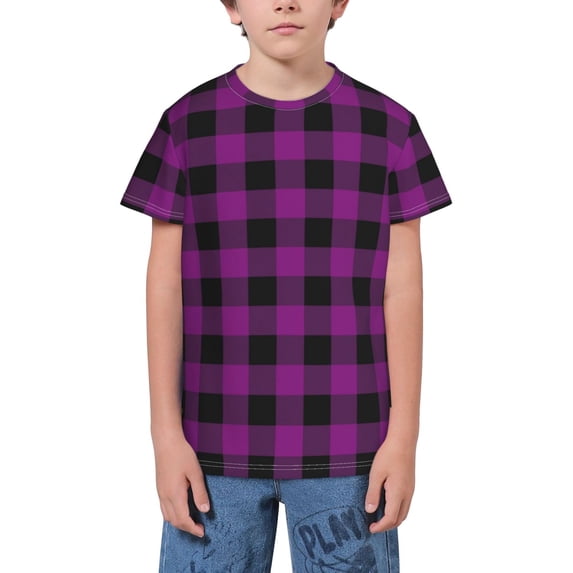 Wukai Purple Black Plaid Youth Unisex Short Sleeve T-Shirt for Boys, Girls, Teens, and Kids-X-Large