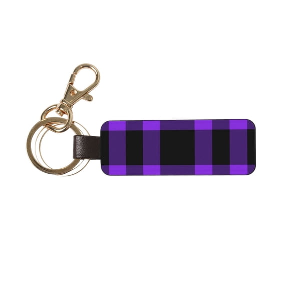 Wukai Purple Buffalo Plaid Print Leather Car Keychain, Universal Key Fob Keychain, Leather Key Chain Holder for Men and Women,360 Degree Rotatable