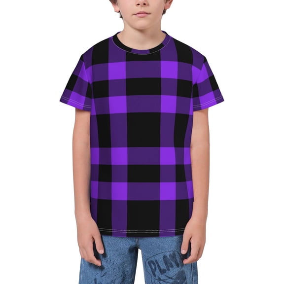 Wukai Purple Buffalo Plaid Youth Unisex Short Sleeve T-Shirt for Boys, Girls, Teens, and Kids-X-Large