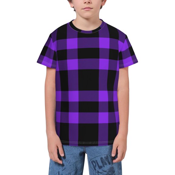 Wukai Purple Buffalo Plaid Youth Unisex Short Sleeve T-Shirt for Boys, Girls, Teens, and Kids-X-Small