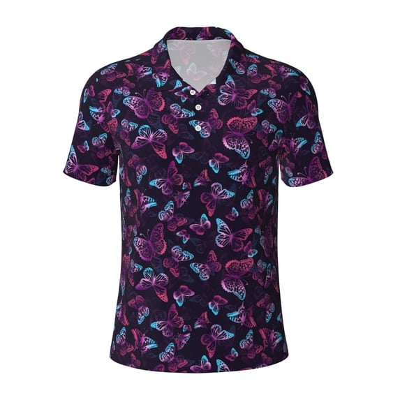 Wukai Purple Butterfly Men’s Polo Shirts,Quick-Dry Athletic Shirt,Classic Fit Shirts-Small